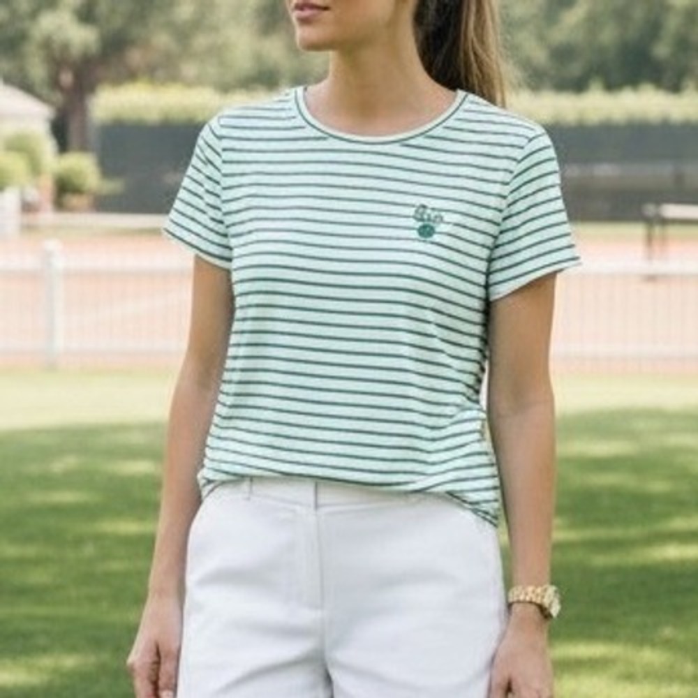 BRIT.NY Green White Striped Love Shamrock Embroidered Tee Shirt‎ Womens M